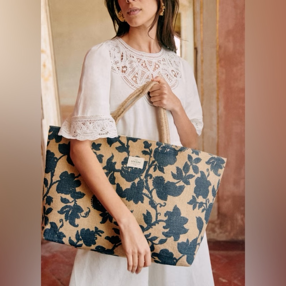 Like New Sezane Large Jute Tote - Marine Garden Flowers Print